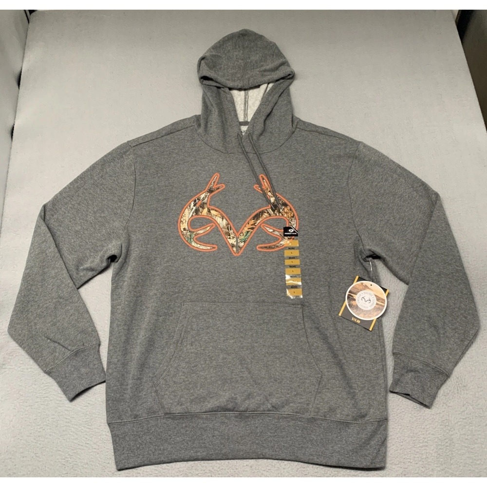 Realtree Hoodie Men Large L Gray Camo Deer Antlers Kangaroo Pocket NEW‎ NWT